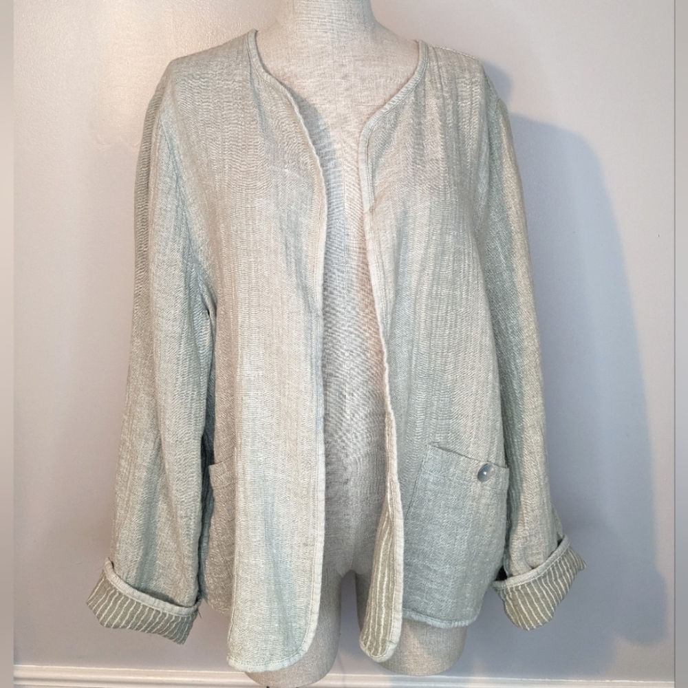 Adrienne Vittadini Green Linen Blend Open Jacket